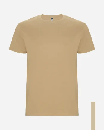 Beige crew-neck short-sleeve t-shirt on a light background, plain design.